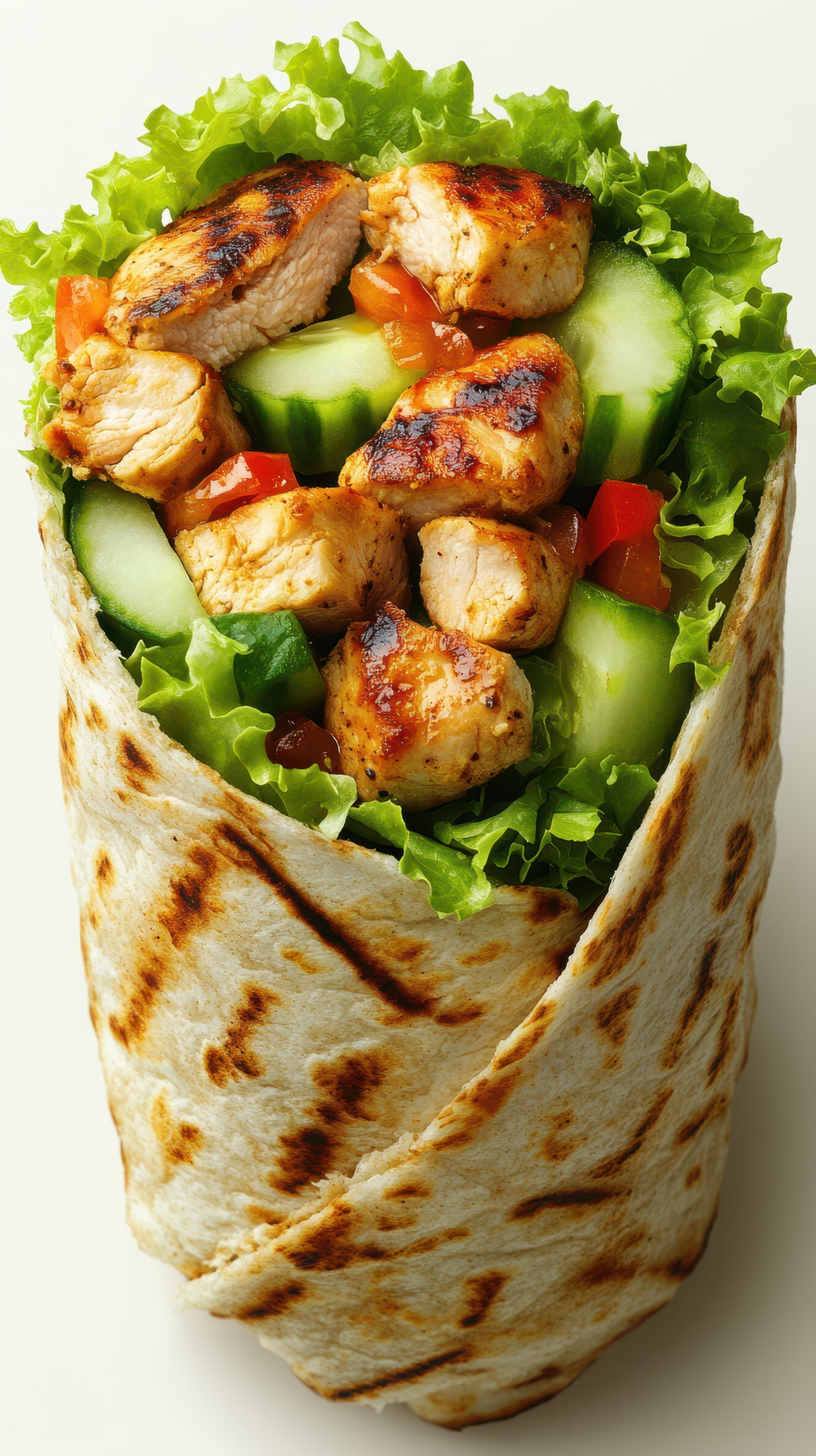 Grilled chicken wrap with crunchy vegetables and fresh greens served on a white plate